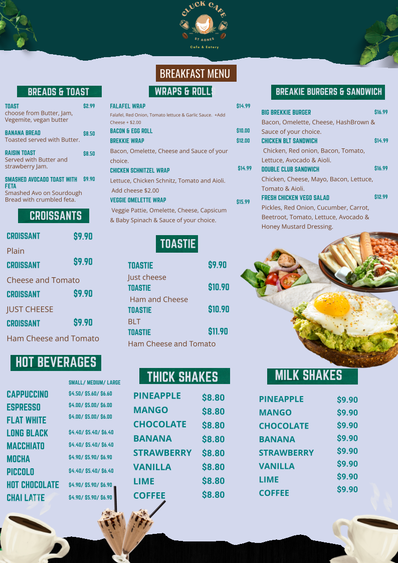 Menu, Cluck Cafe