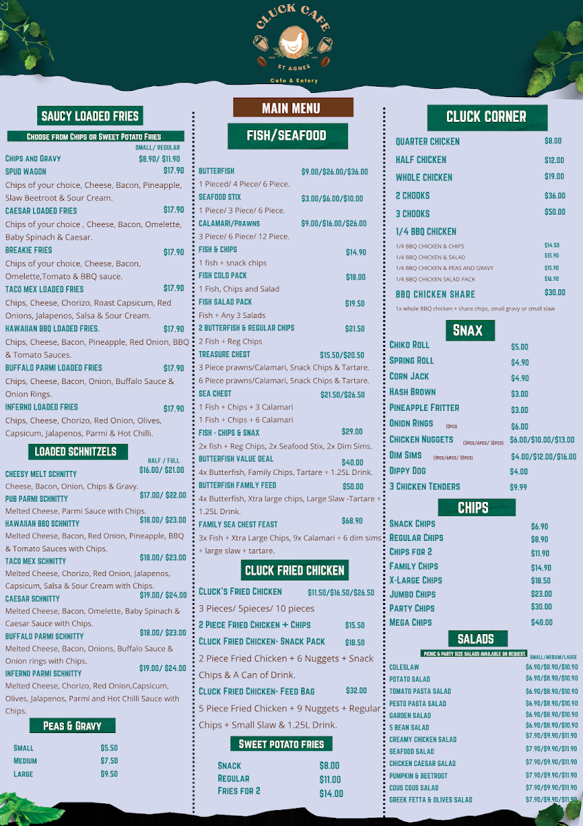 Menu, Cluck Cafe