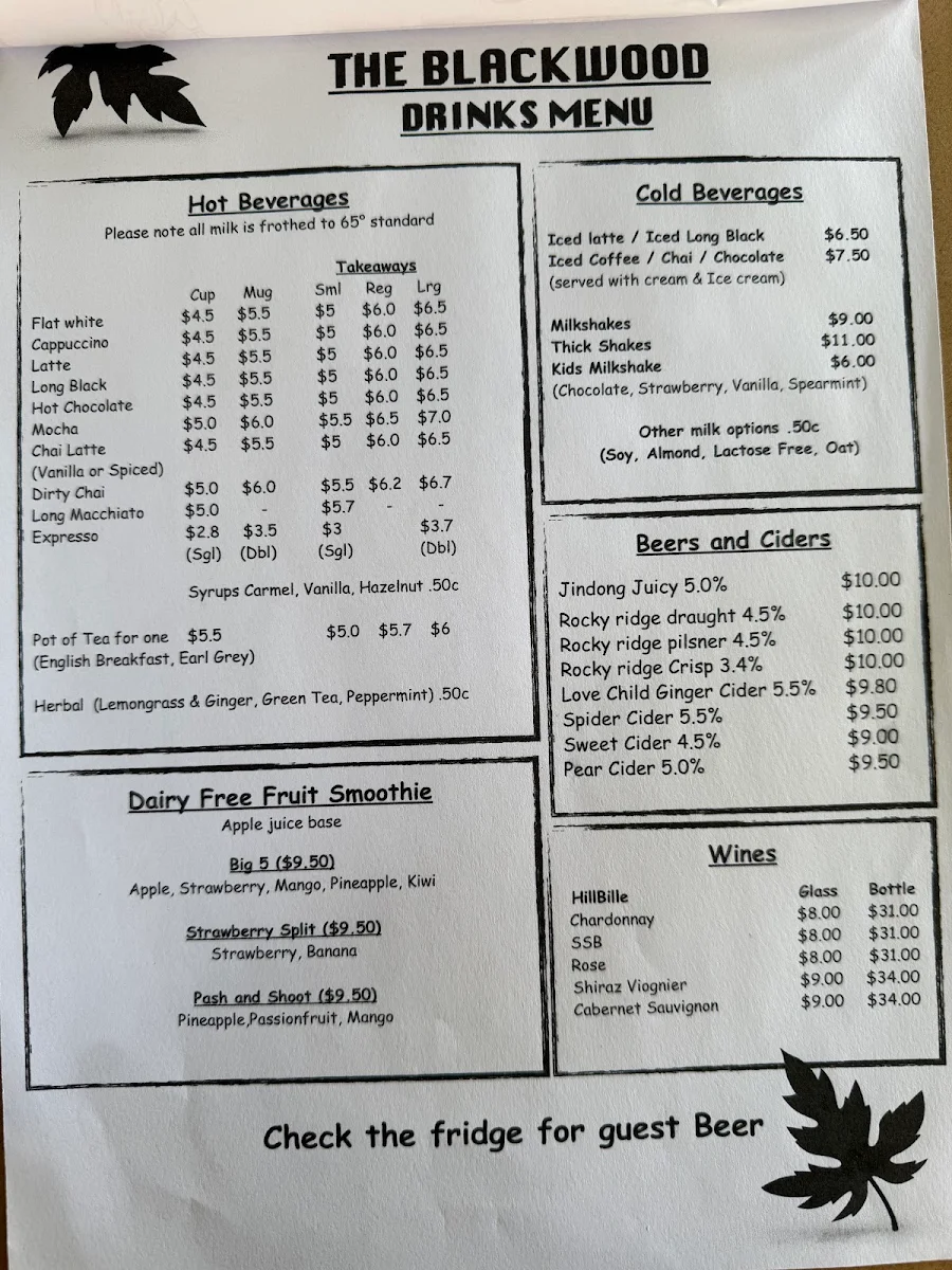 Menu, Blackwood Cafe