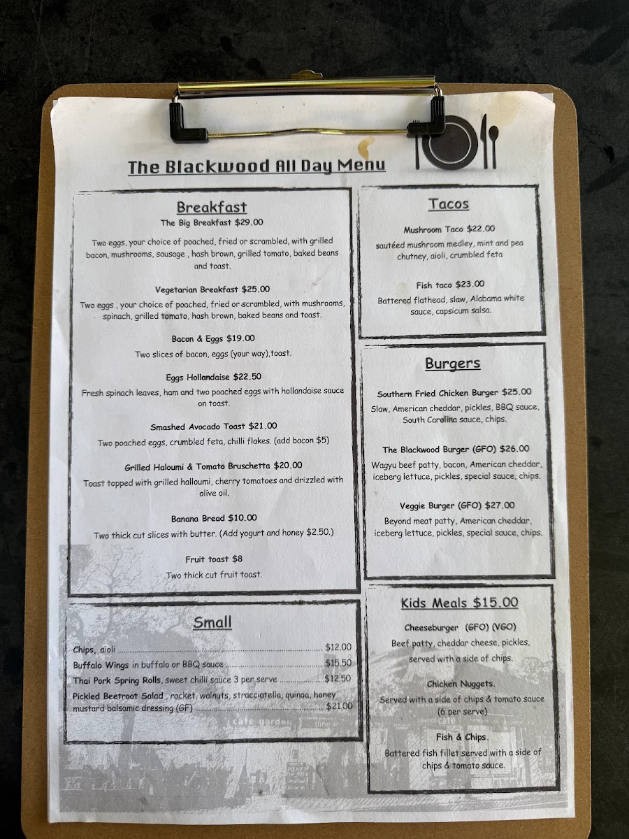 Menu, Blackwood Cafe