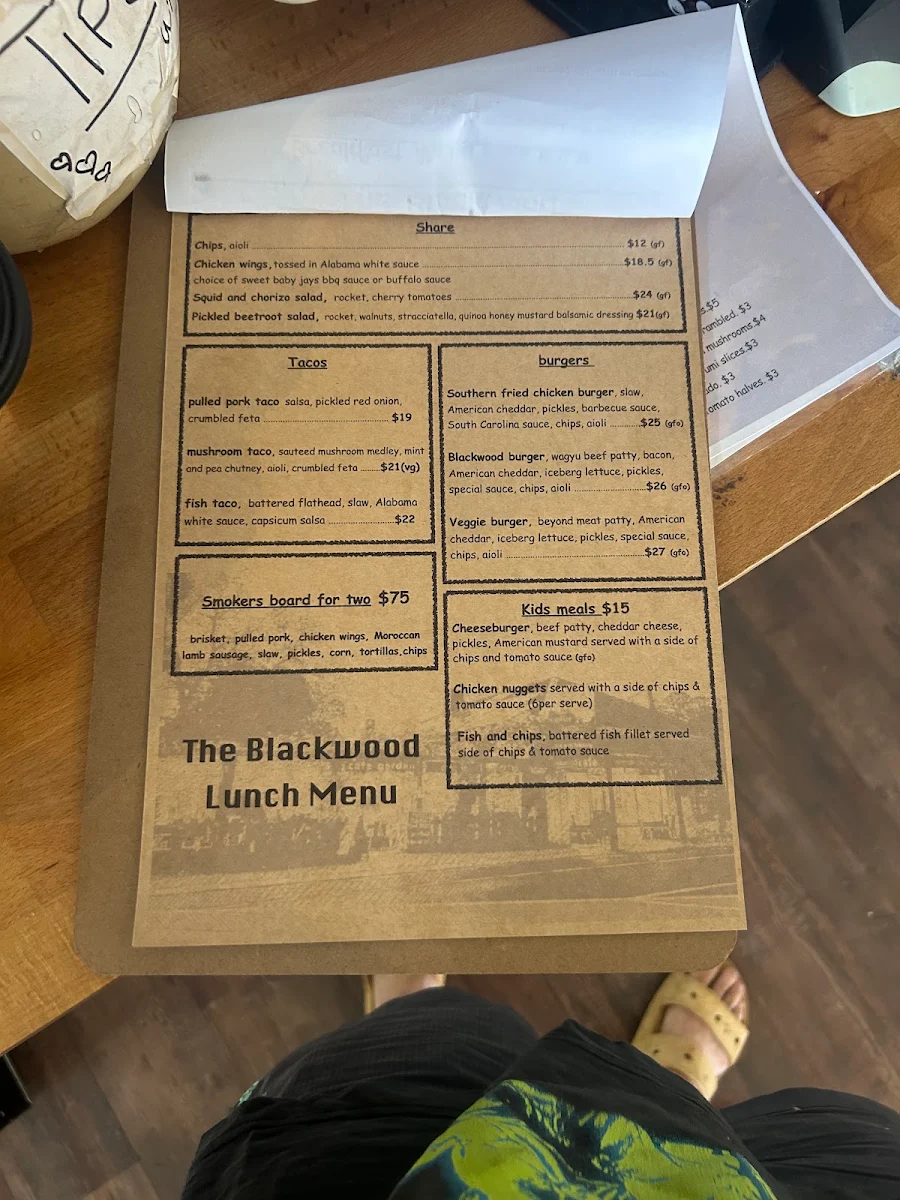 Menu, Blackwood Cafe