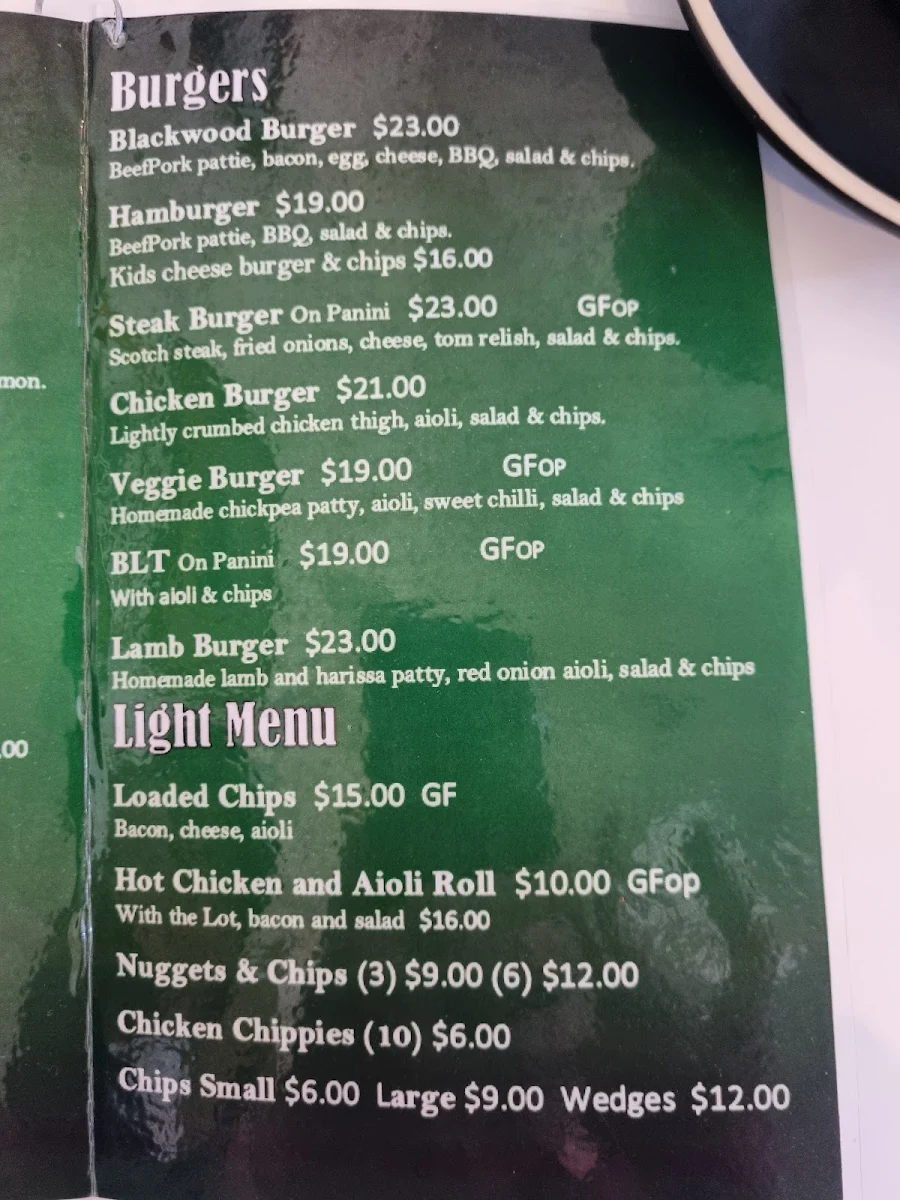 Menu, Blackwood Cafe