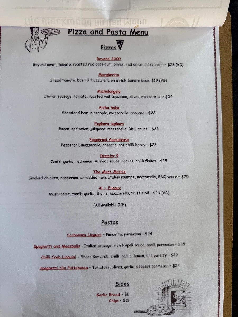 Menu, Blackwood Cafe