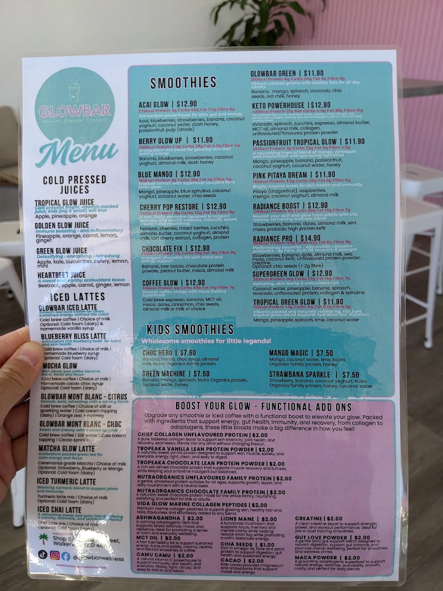Menu, Glowbar - Nourish Elevate Connect