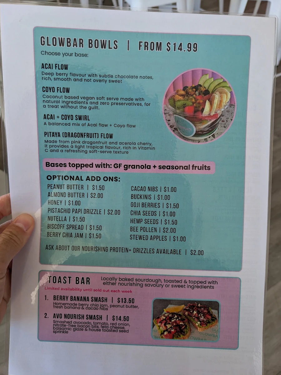Menu, Glowbar - Nourish Elevate Connect