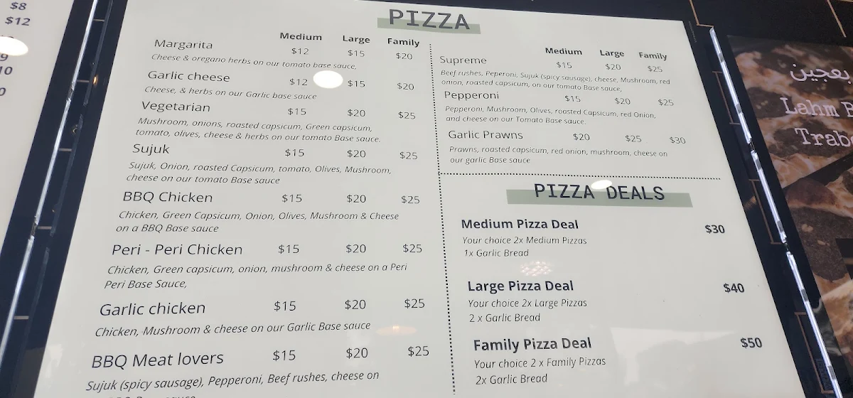 Menu, Tripoli Pizza