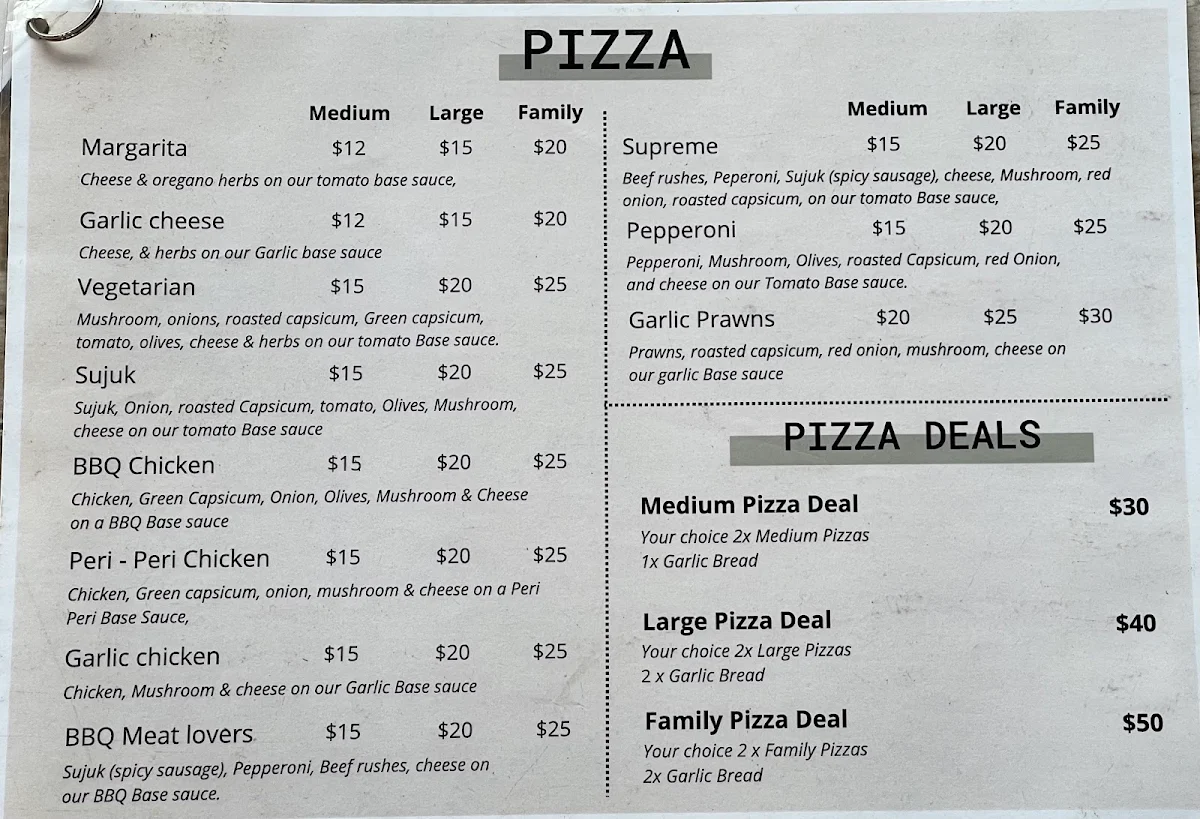Menu, Tripoli Pizza