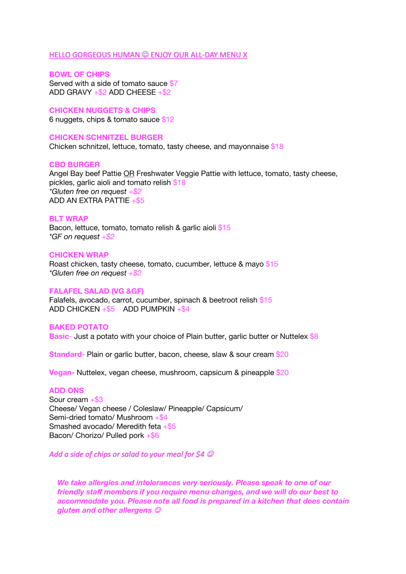 Menu, Coffee By Design Ballarat