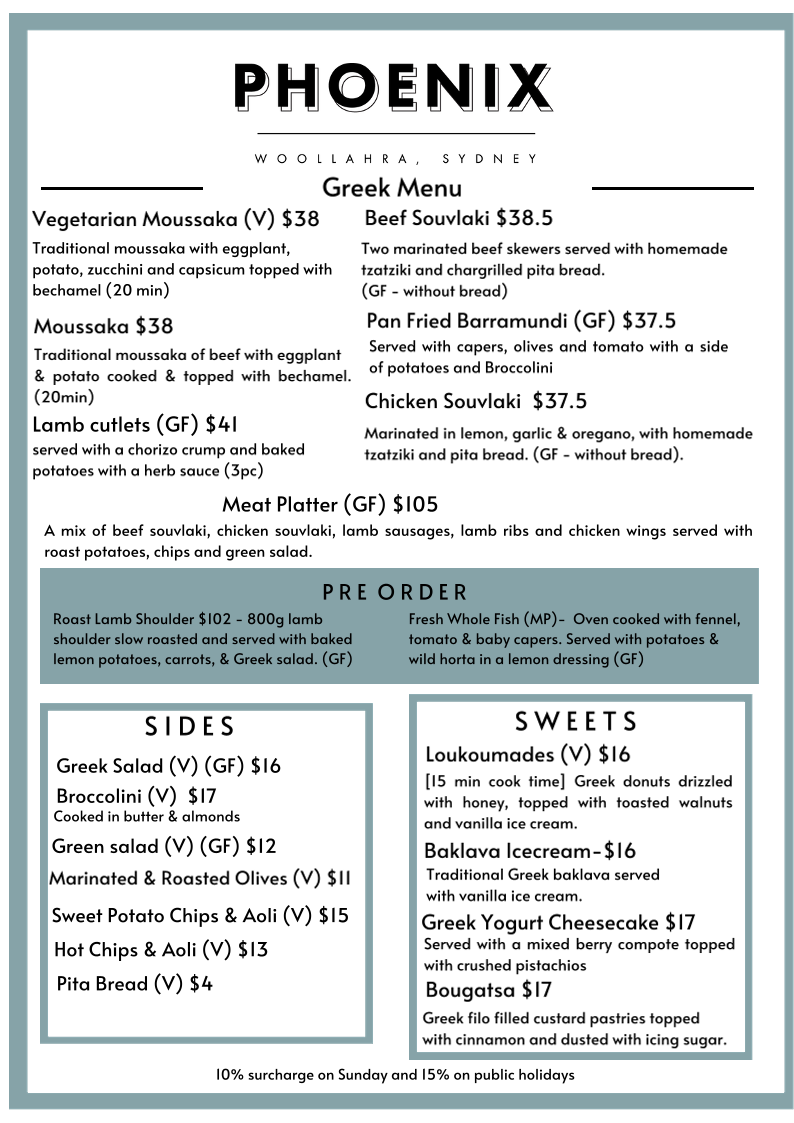Menu, Phoenix, Woollahra