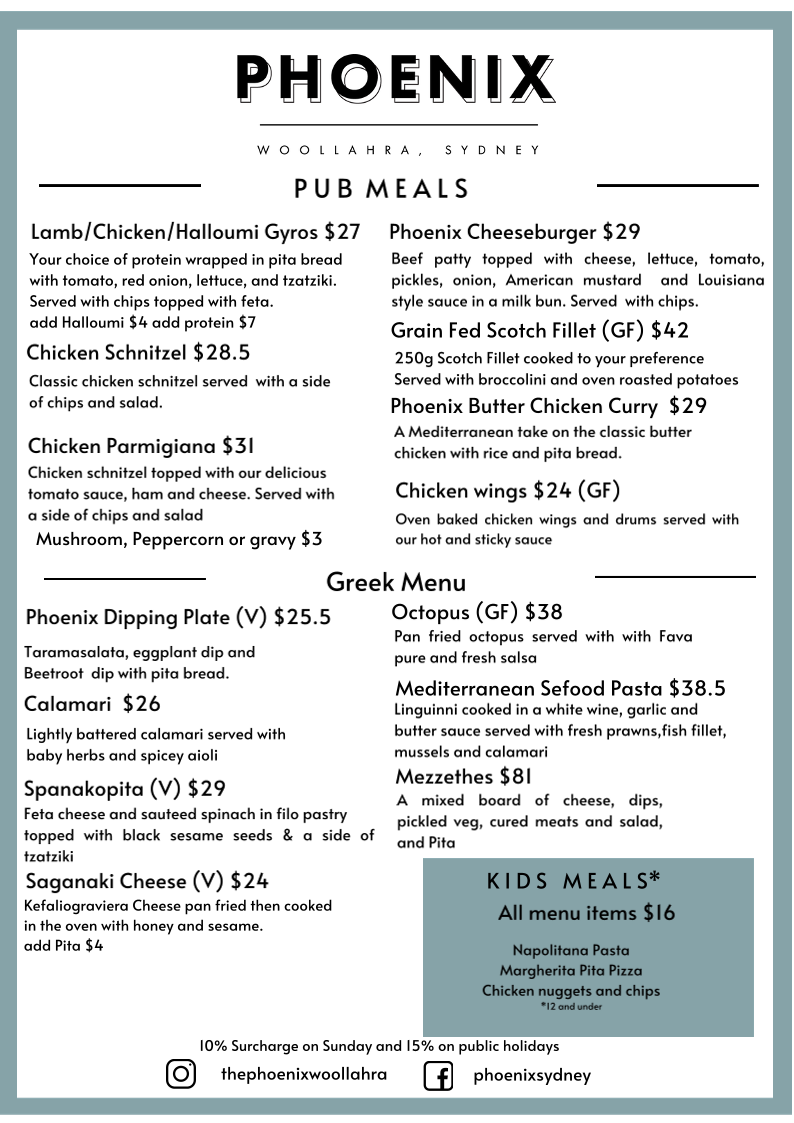 Menu, Phoenix, Woollahra