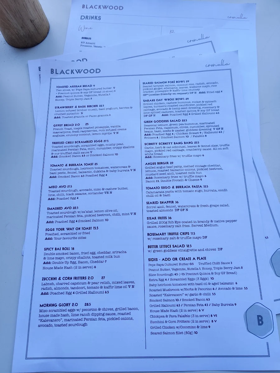Menu, Blackwood Cronulla