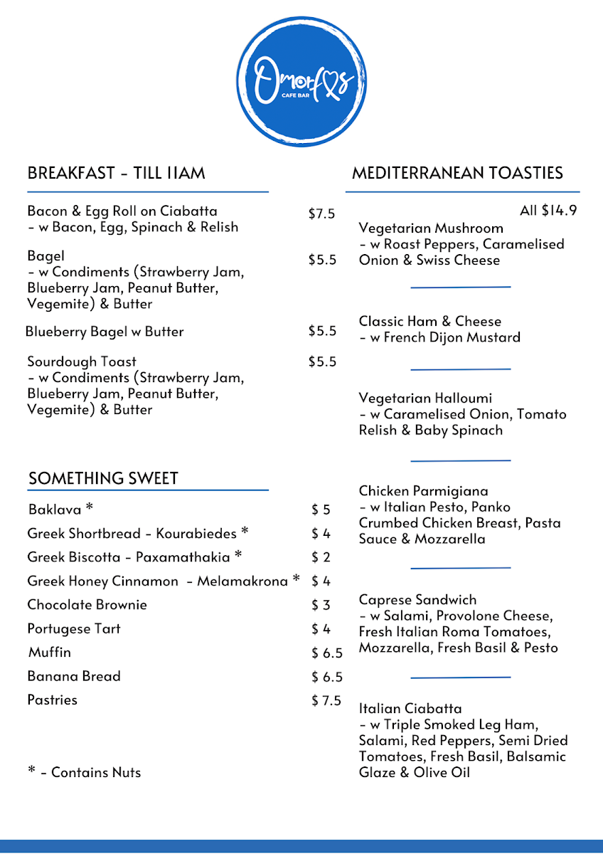 Menu, Omorfos Cafe Bar