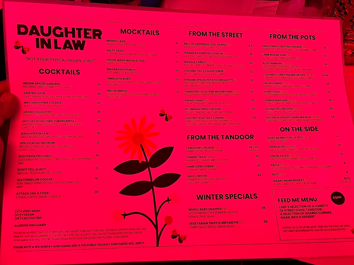 Menu, Daughter In Law Melbourne CBD