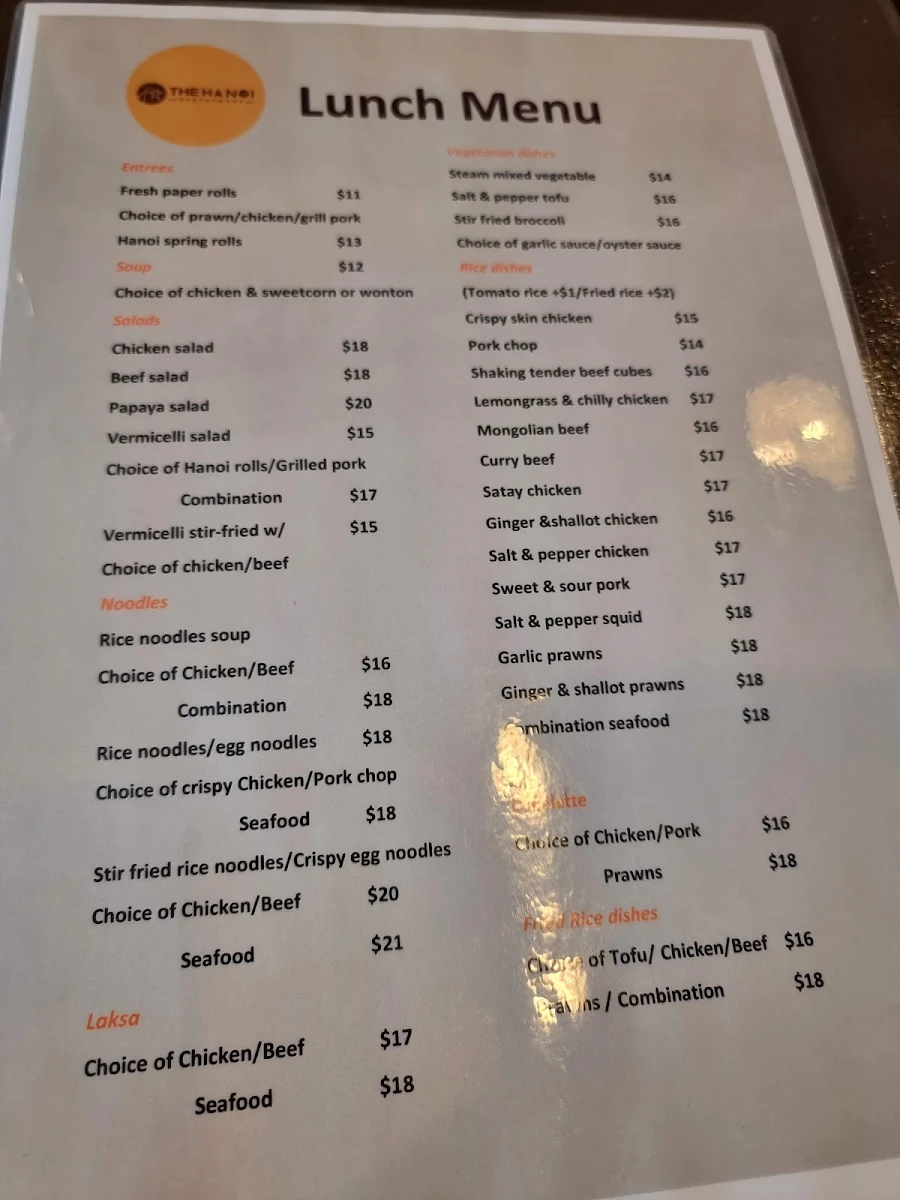 Menu, The Hanoi Restaurant