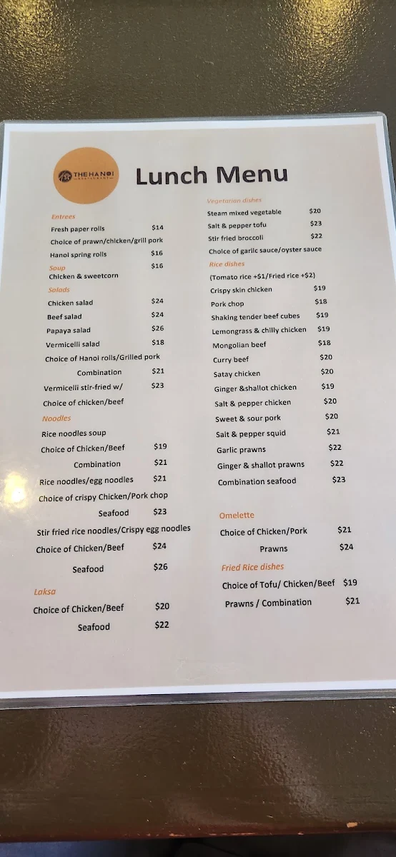 Menu, The Hanoi Restaurant