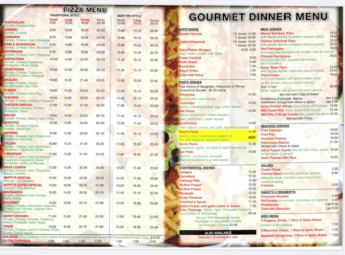 Menu, Pappy's Pizza Bar