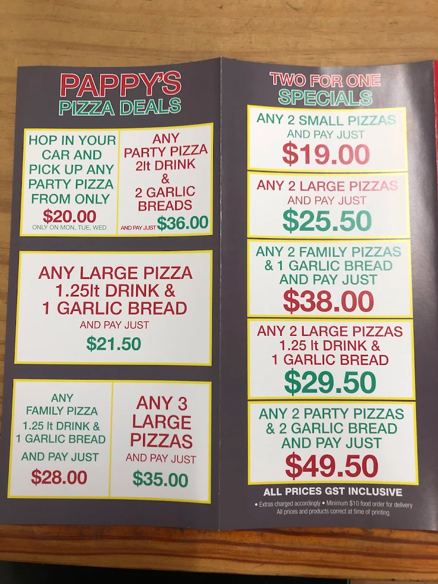 Menu, Pappy's Pizza Bar