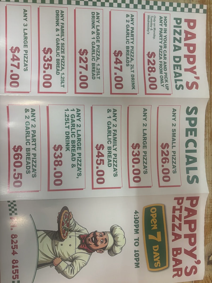 Menu, Pappy's Pizza Bar