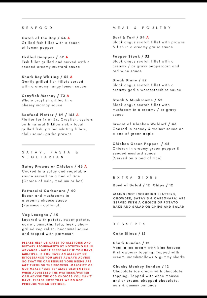 Menu, The Old Pearler Restaurant