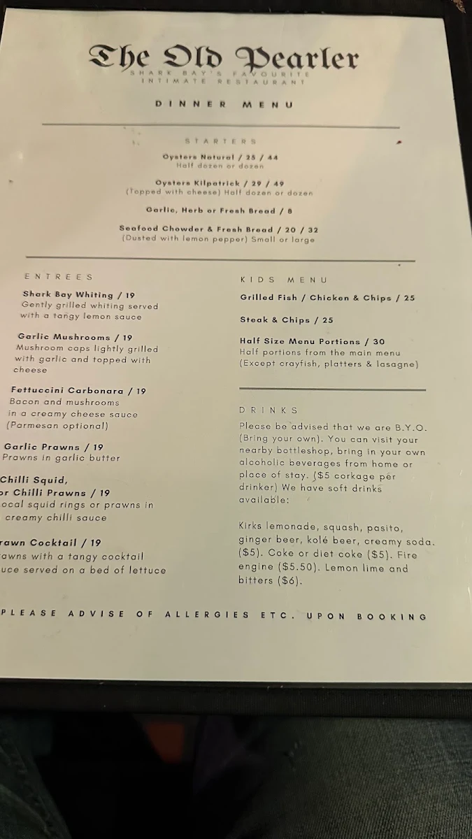 Menu, The Old Pearler Restaurant