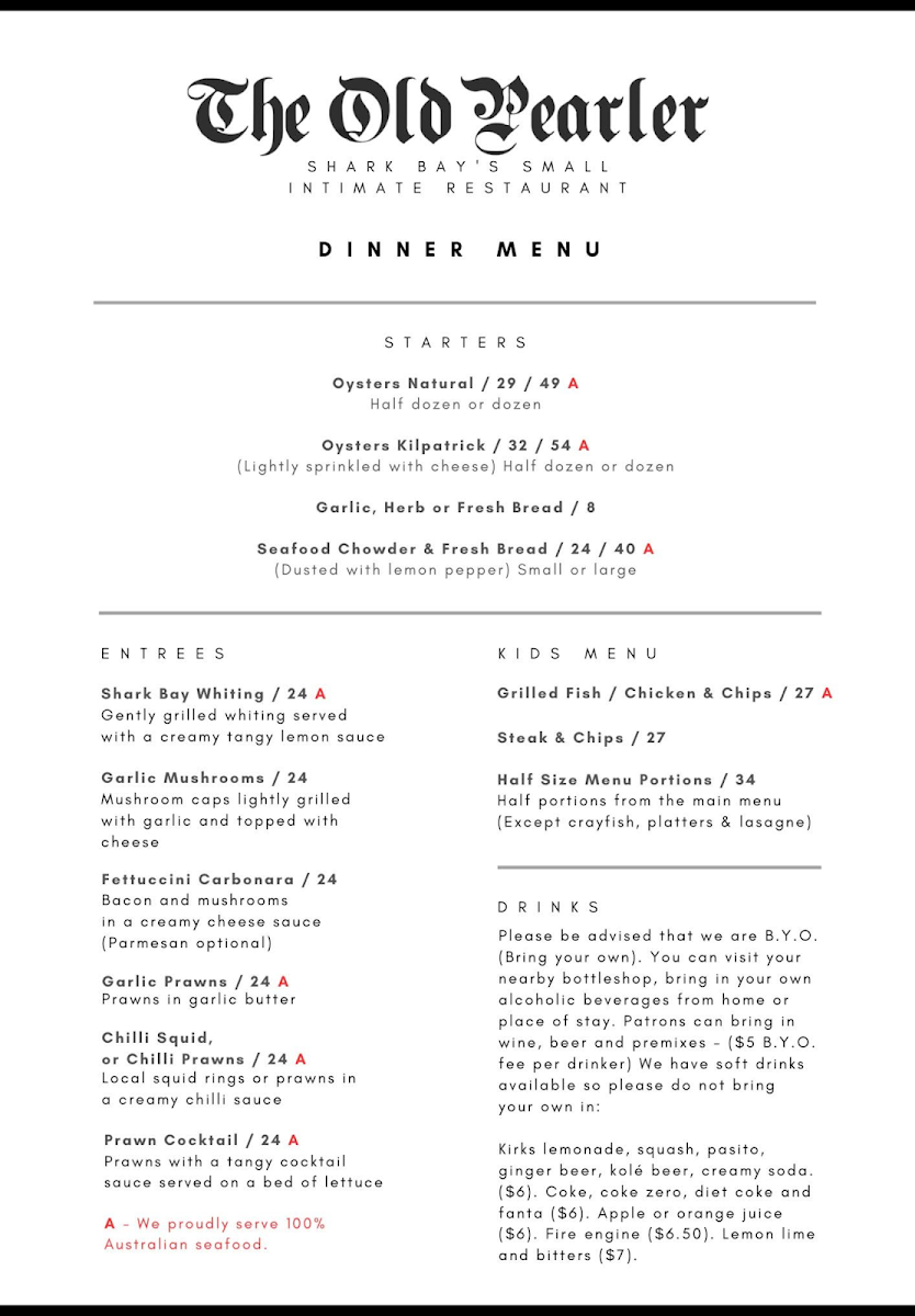 Menu, The Old Pearler Restaurant