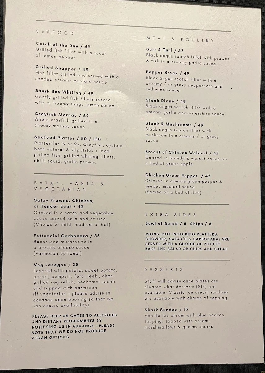 Menu, The Old Pearler Restaurant