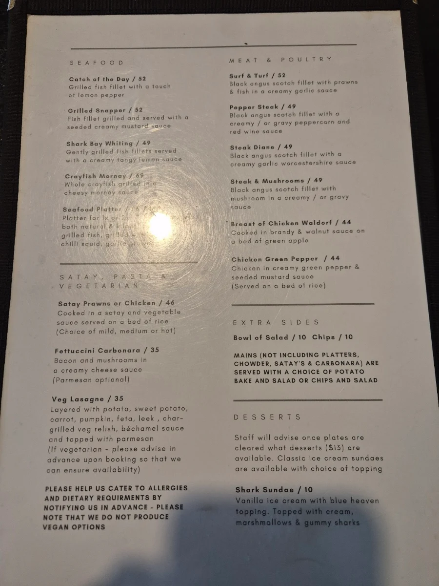 Menu, The Old Pearler Restaurant