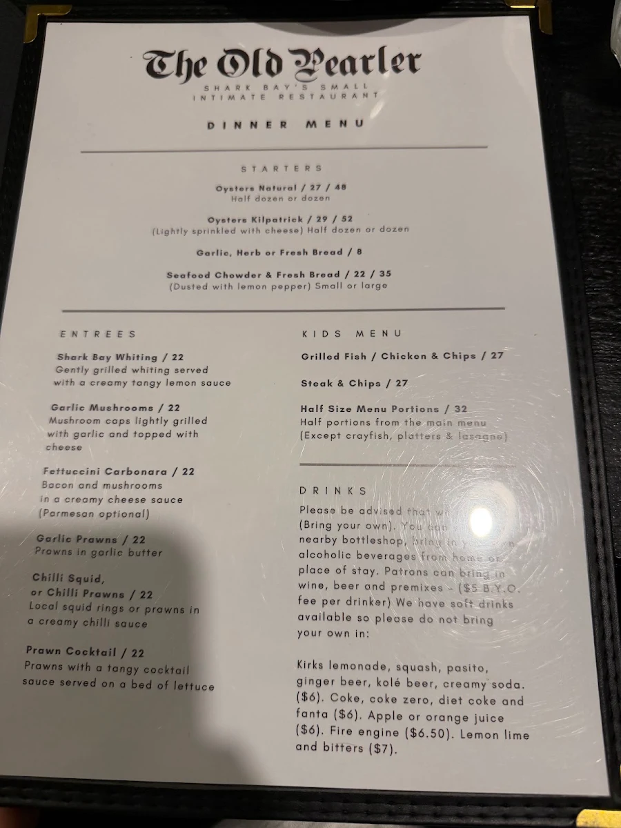 Menu, The Old Pearler Restaurant