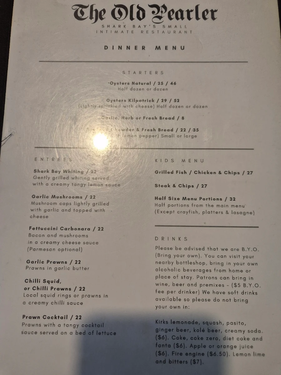 Menu, The Old Pearler Restaurant