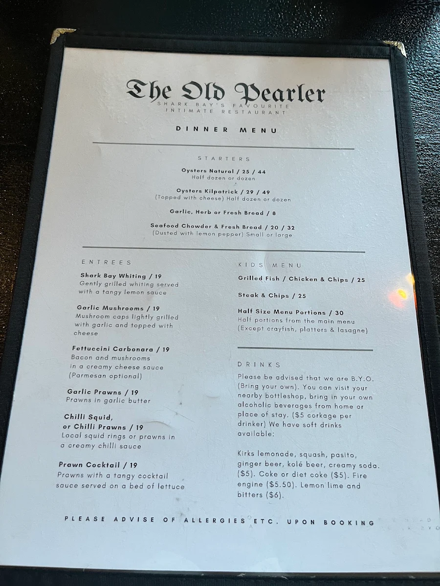 Menu, The Old Pearler Restaurant