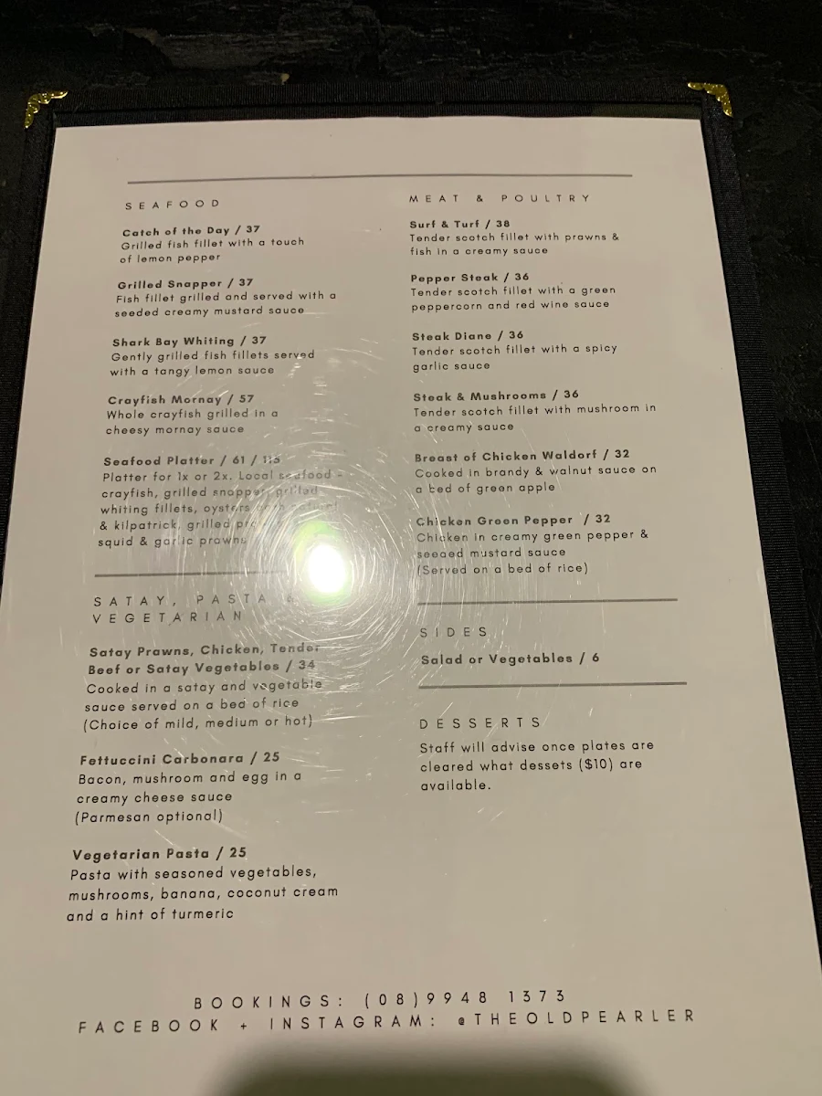 Menu, The Old Pearler Restaurant