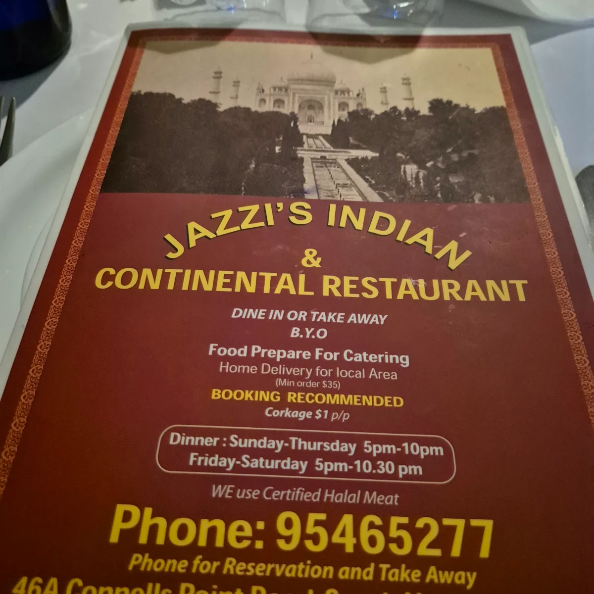Menu, Jazzi's Indian & Continental Restaurant
