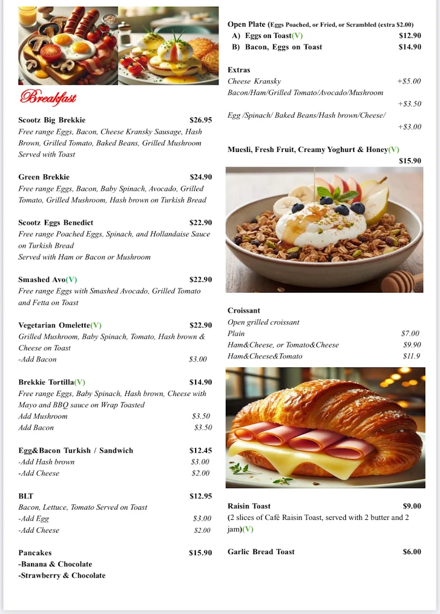Menu, Scootz Café