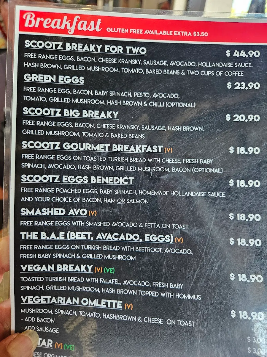 Menu, Scootz Café