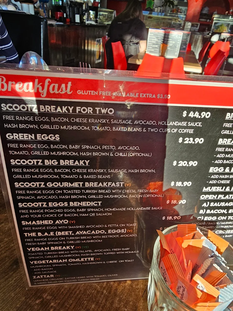 Menu, Scootz Café