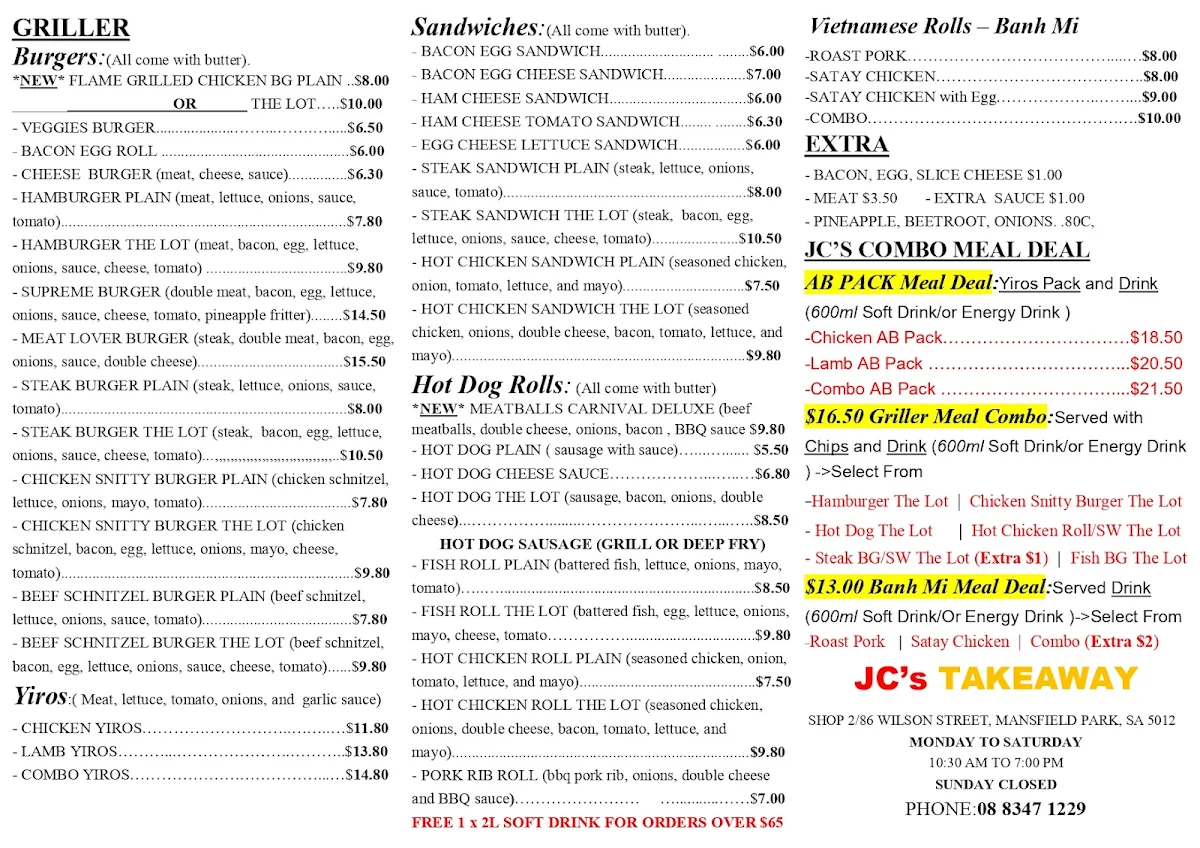 Menu, JC’s Takeaway