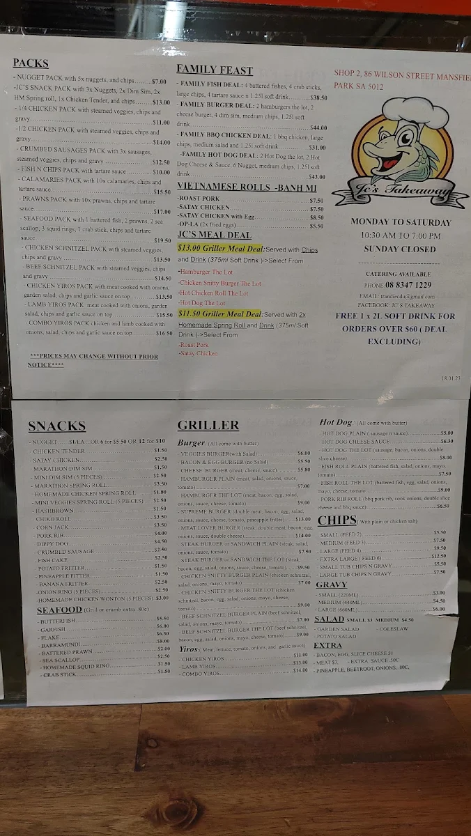 Menu, JC’s Takeaway