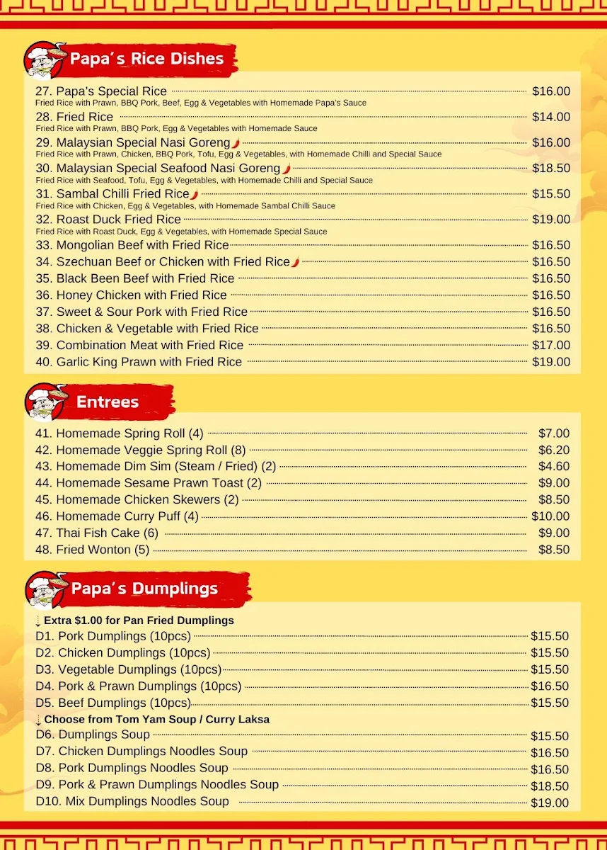 Menu, Papa's Rich Noodle