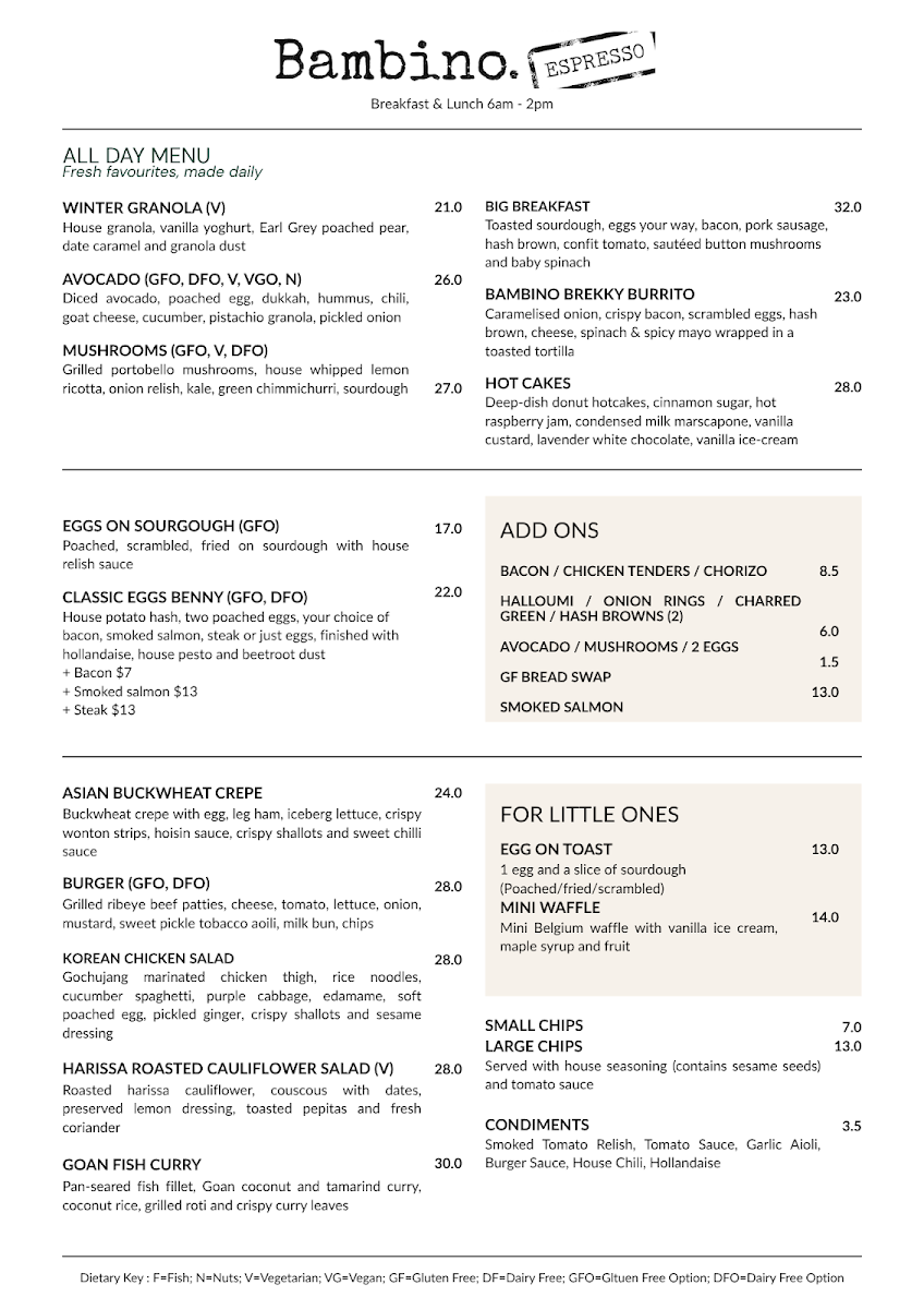 Menu, Bambino Espresso