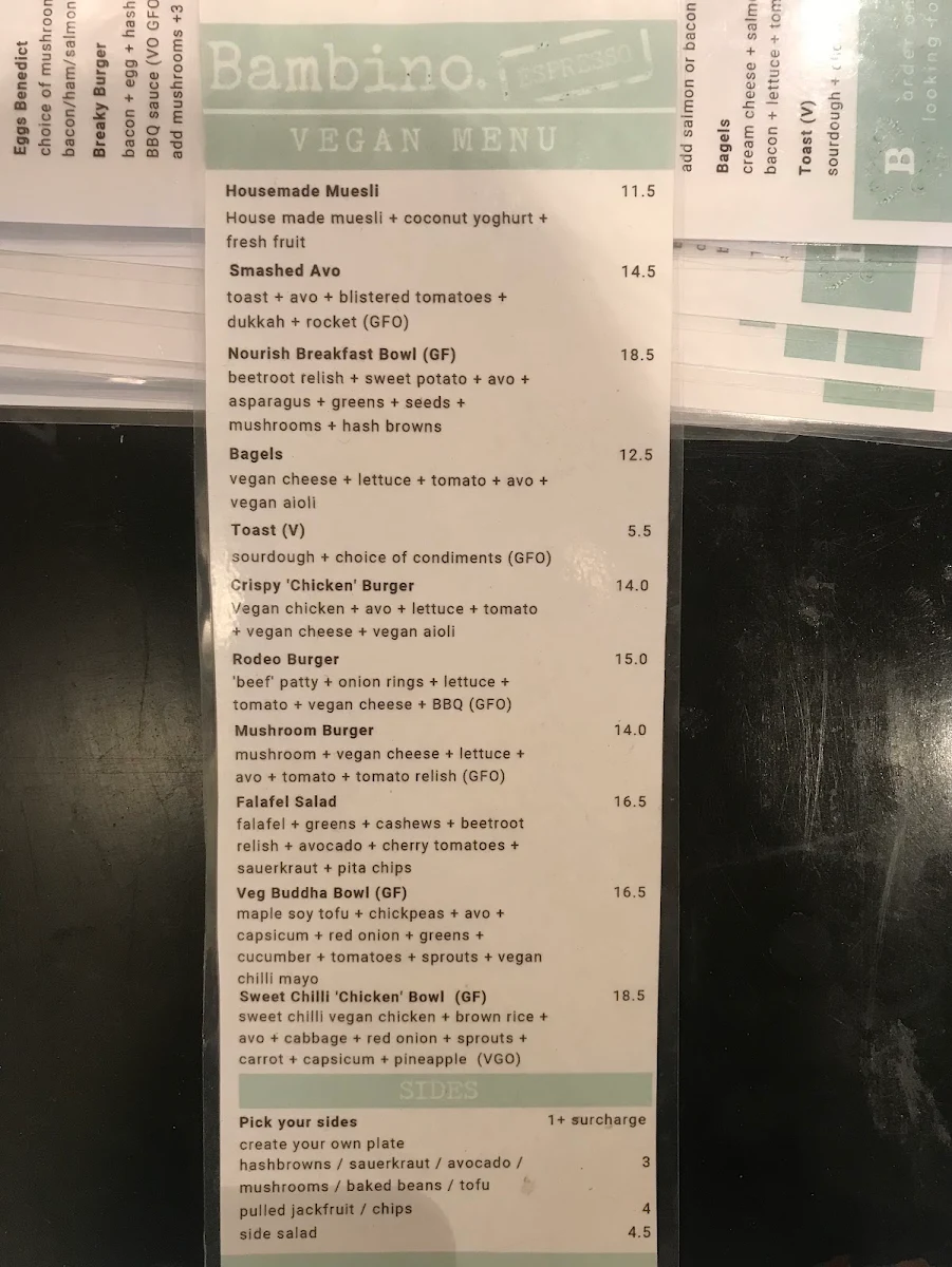 Menu, Bambino Espresso