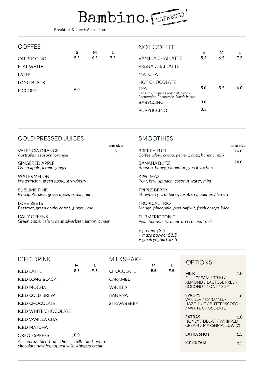 Menu, Bambino Espresso
