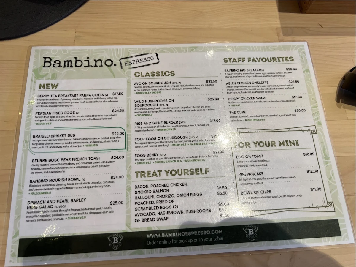 Menu, Bambino Espresso