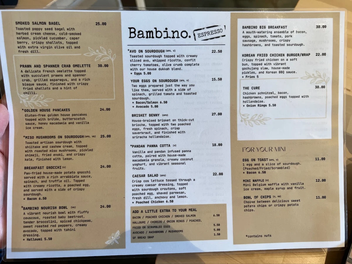 Menu, Bambino Espresso
