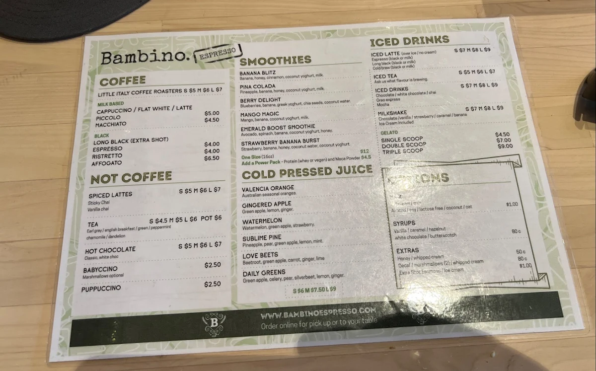Menu, Bambino Espresso