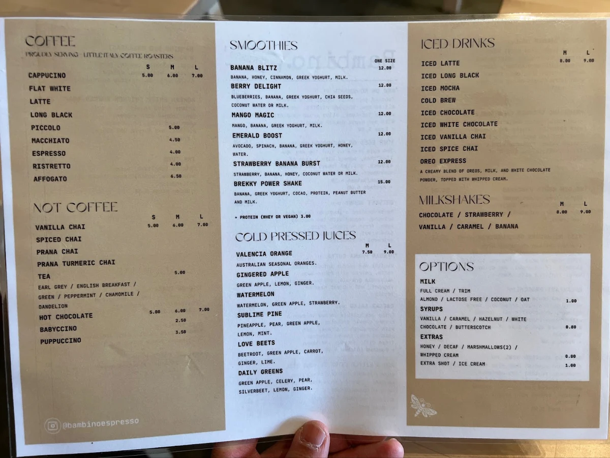Menu, Bambino Espresso