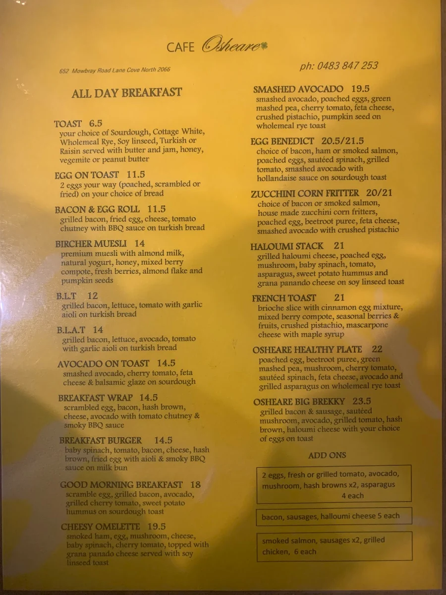 Menu, Cafe Osheare
