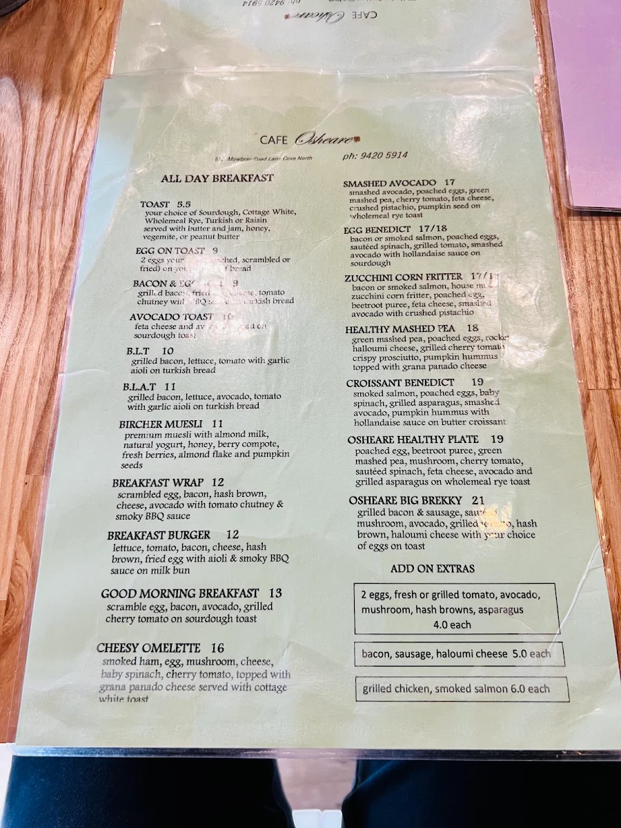 Menu, Cafe Osheare