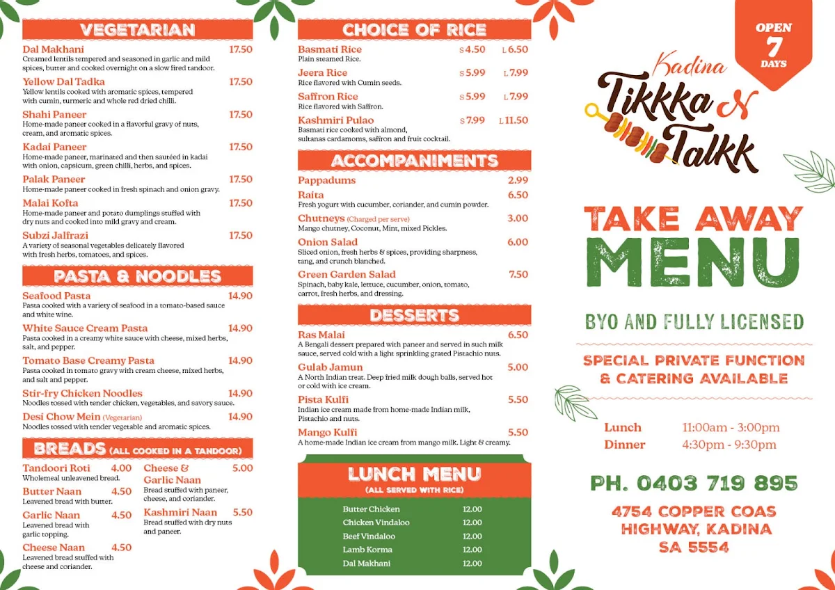 Menu, Tikkka N Talkk Indian Restaurant
