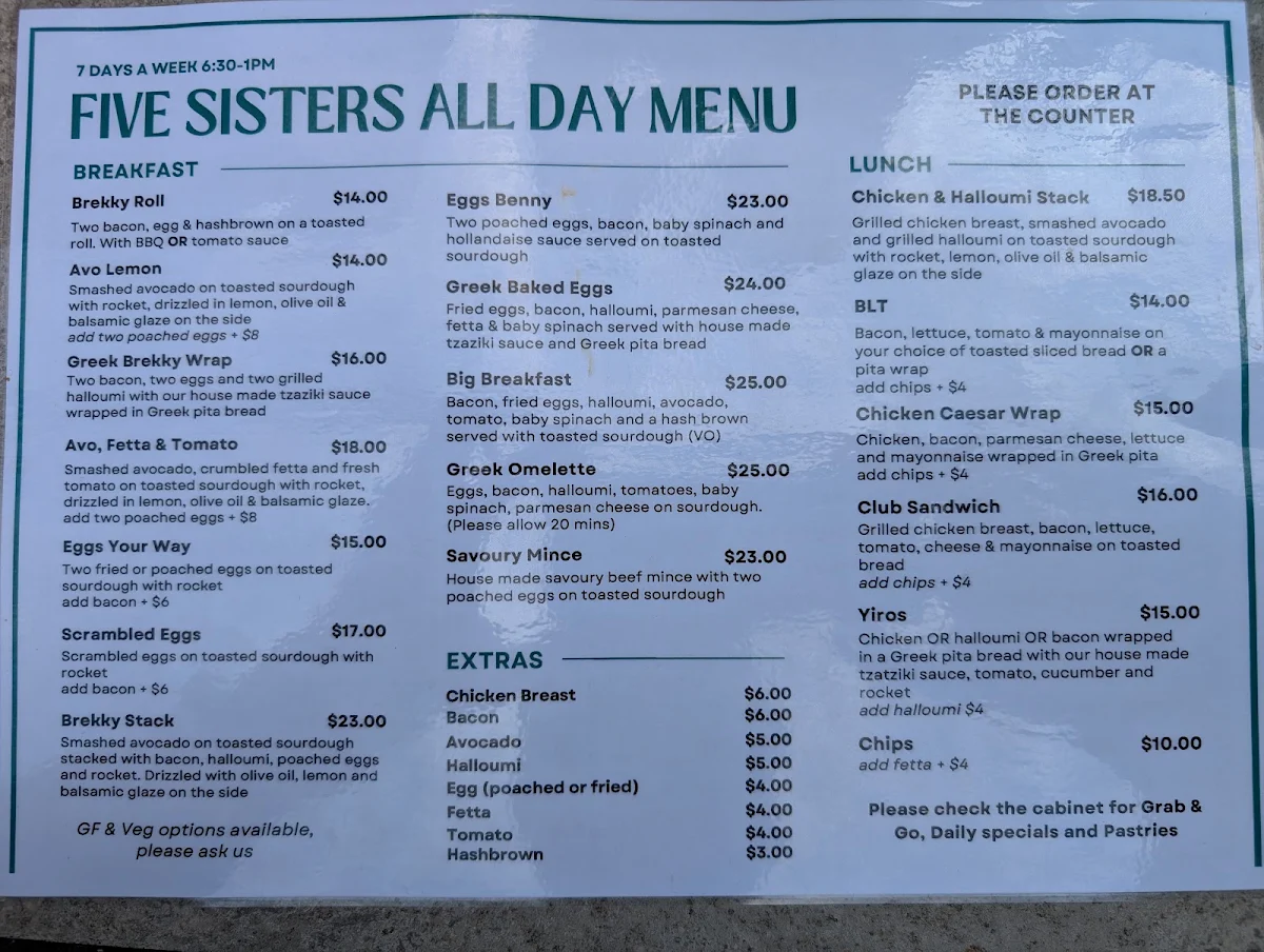 Menu, Five Sisters Cafe and Bar