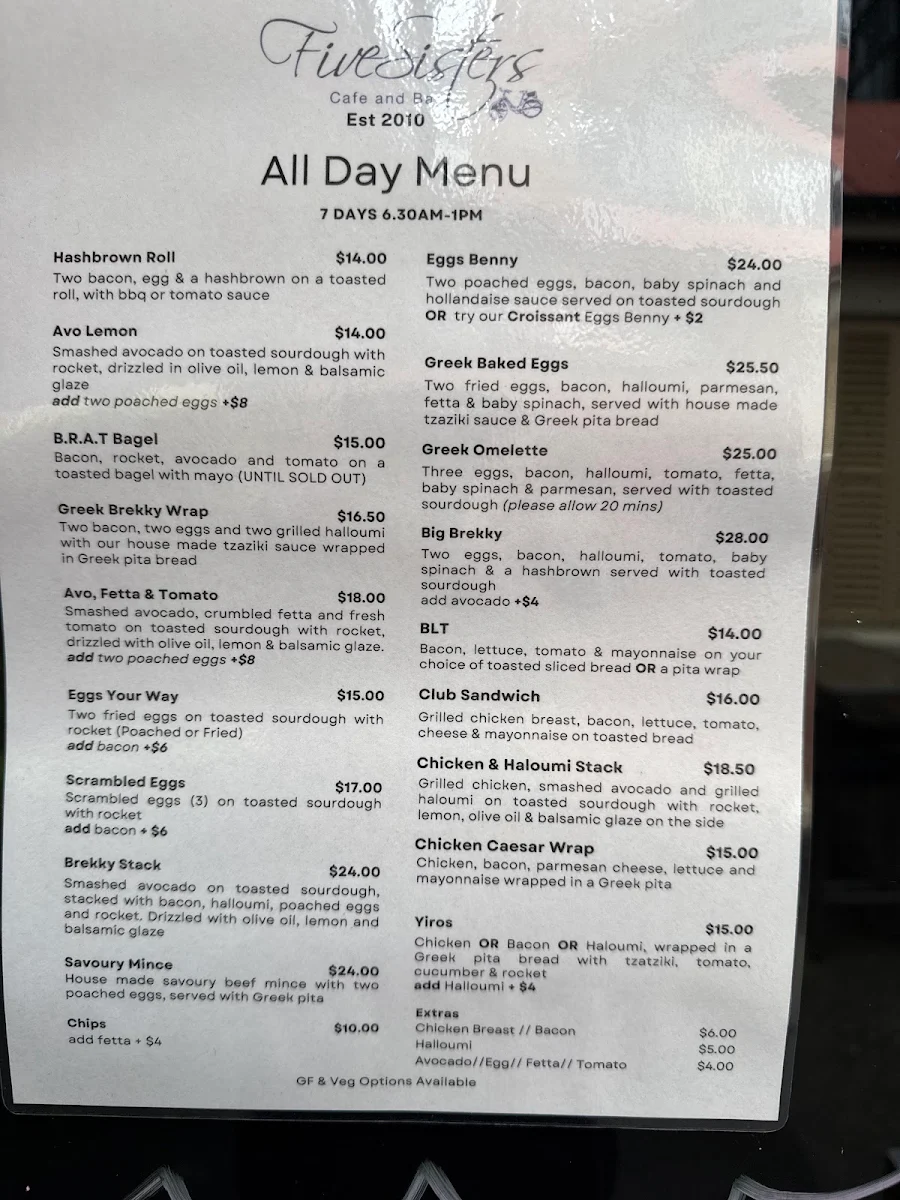 Menu, Five Sisters Cafe and Bar